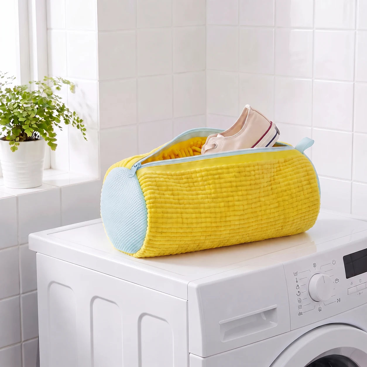 Sac de lavage BagIt jaune ouvert avec une chaussure, posé sur un lave-linge.